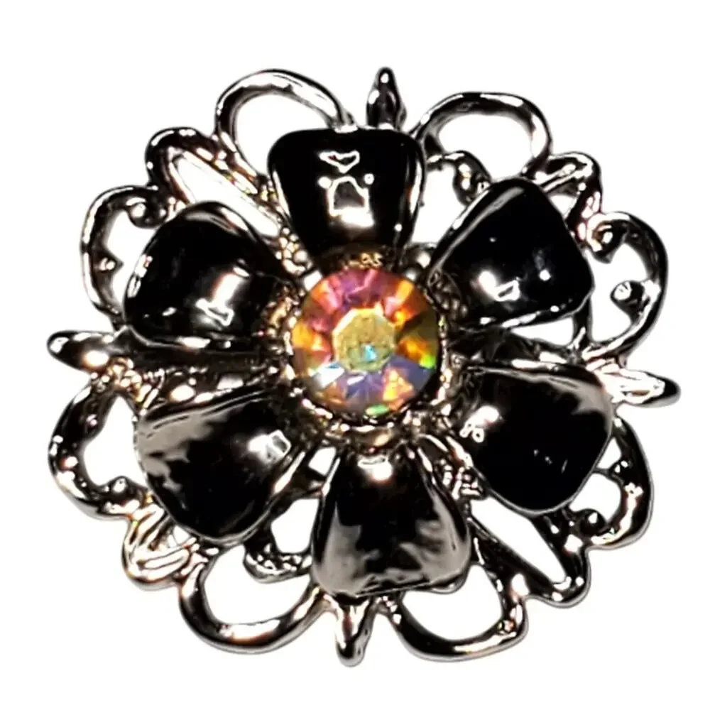 Vtg Silver Tone Rhinestone Flower Pin Brooch Aurora Borealis Center 1